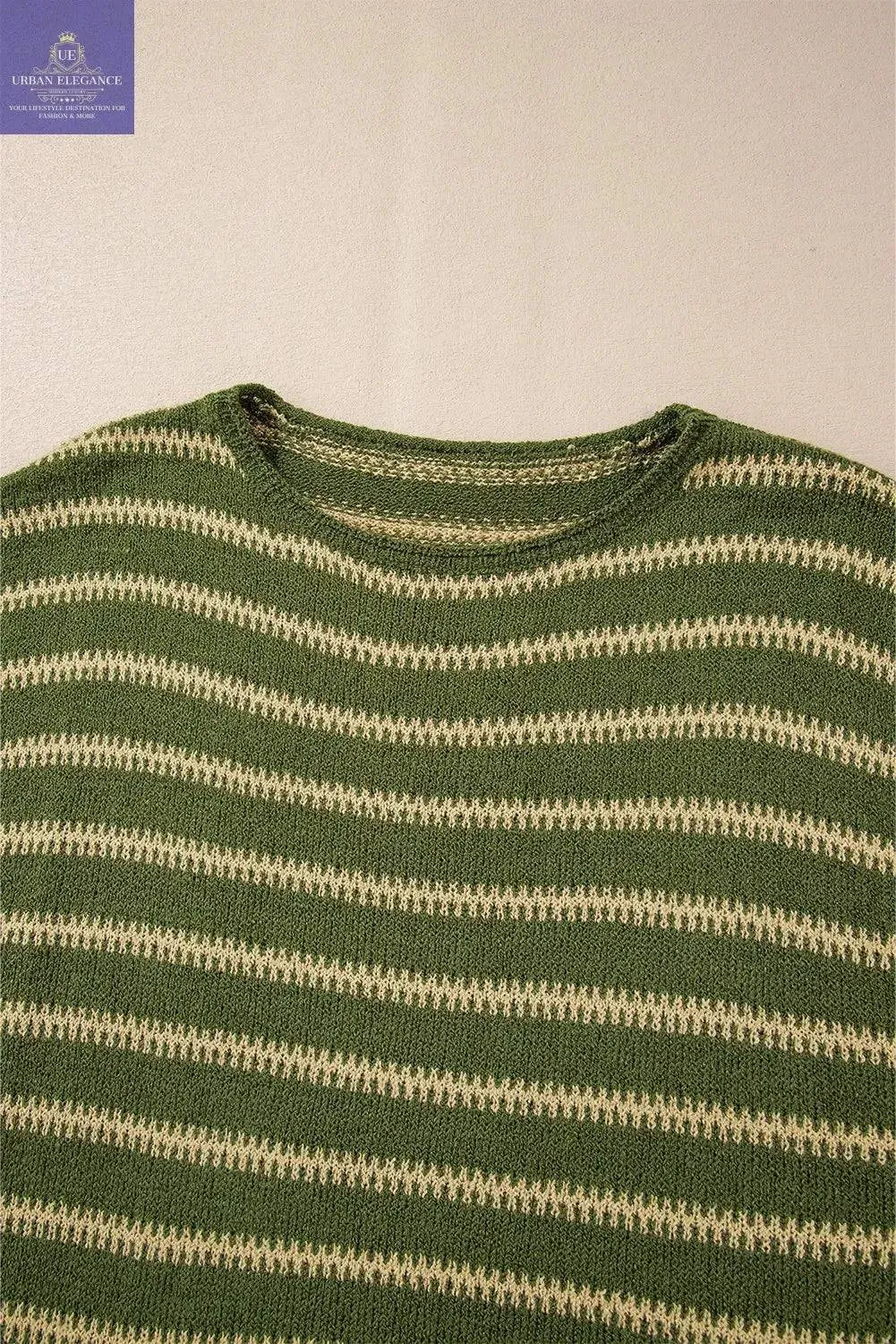Green Stripe Drop Shoulder Casual Sweater
