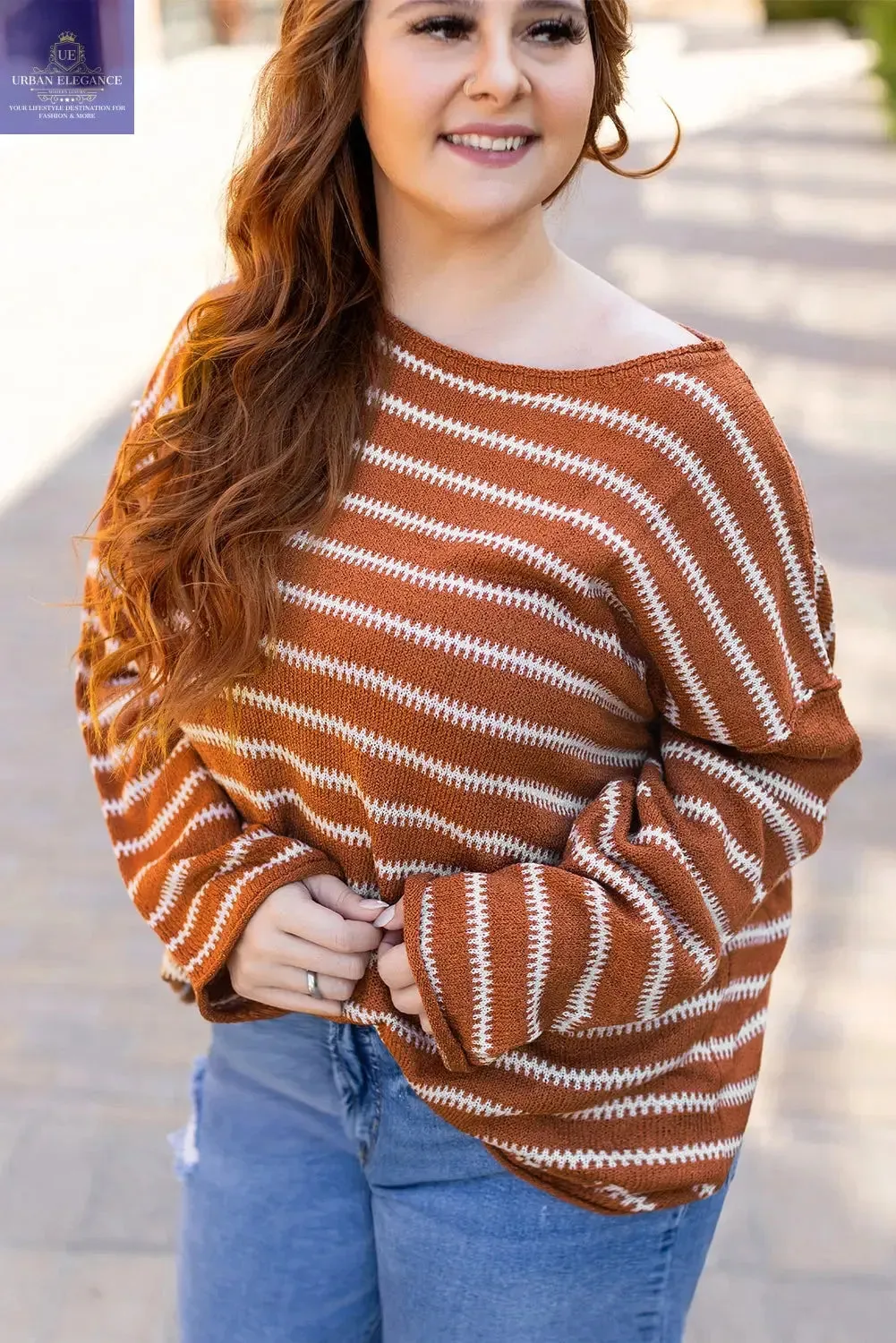 Green Stripe Drop Shoulder Casual Sweater