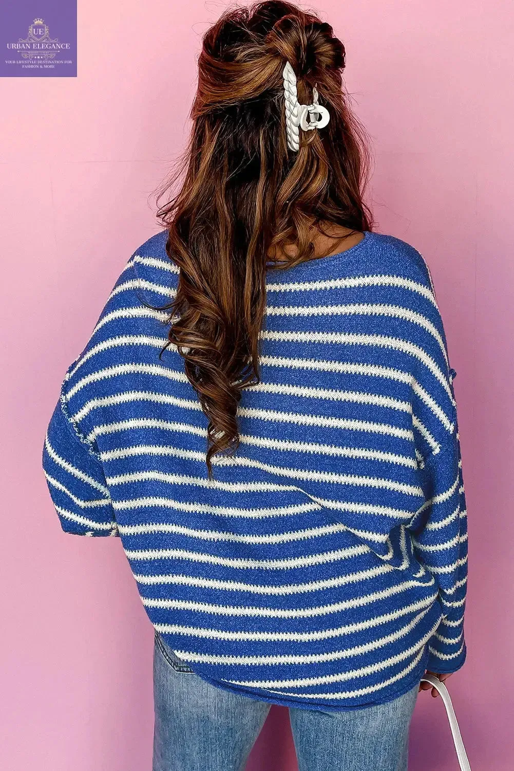 Green Stripe Drop Shoulder Casual Sweater