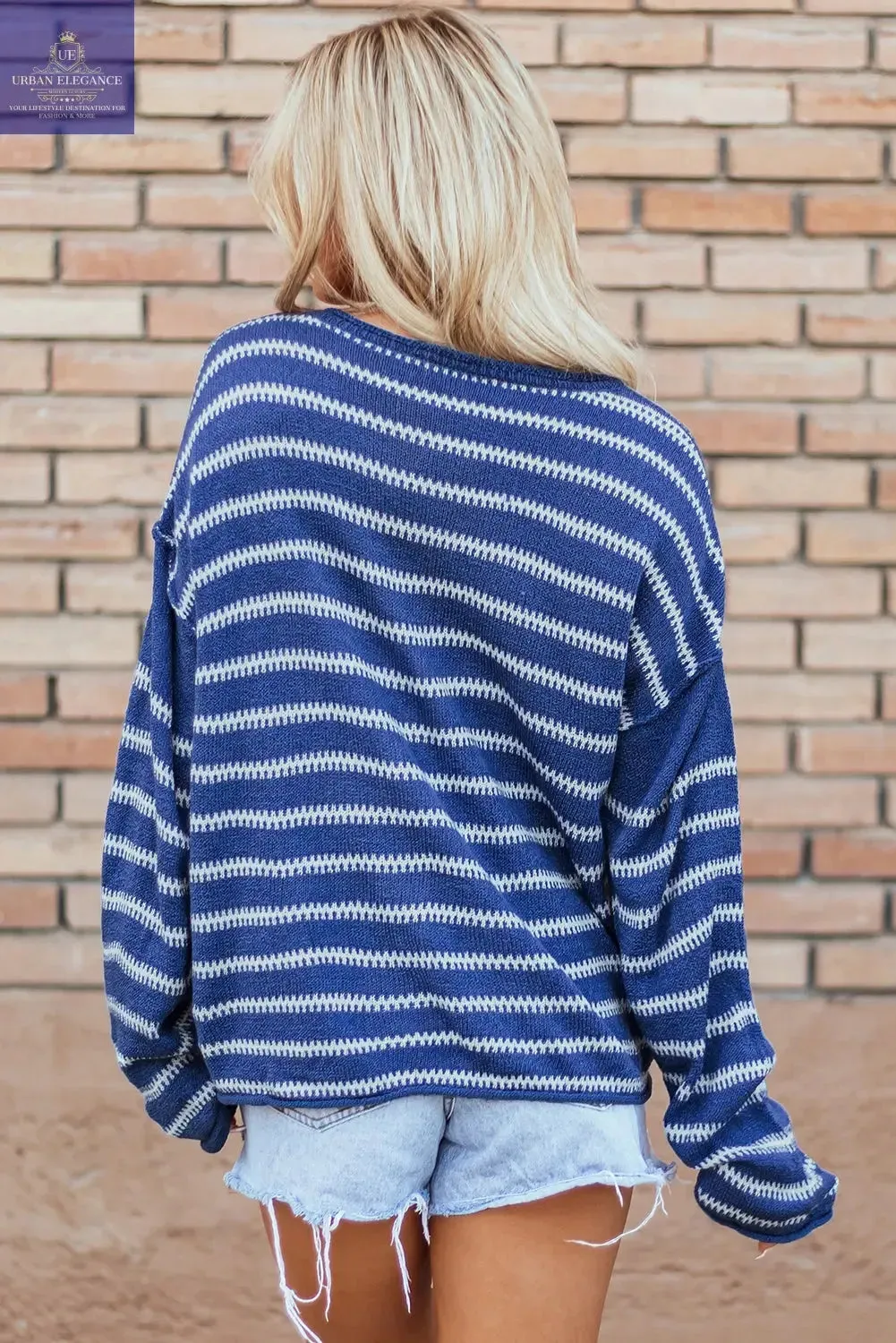 Green Stripe Drop Shoulder Casual Sweater