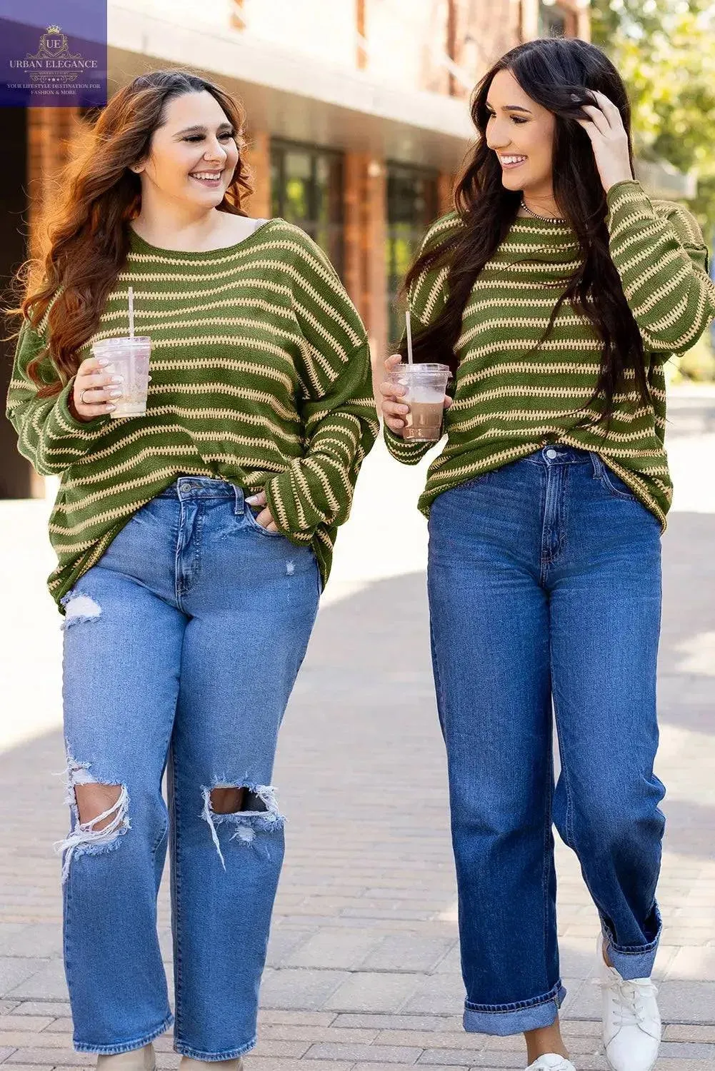 Green Stripe Drop Shoulder Casual Sweater