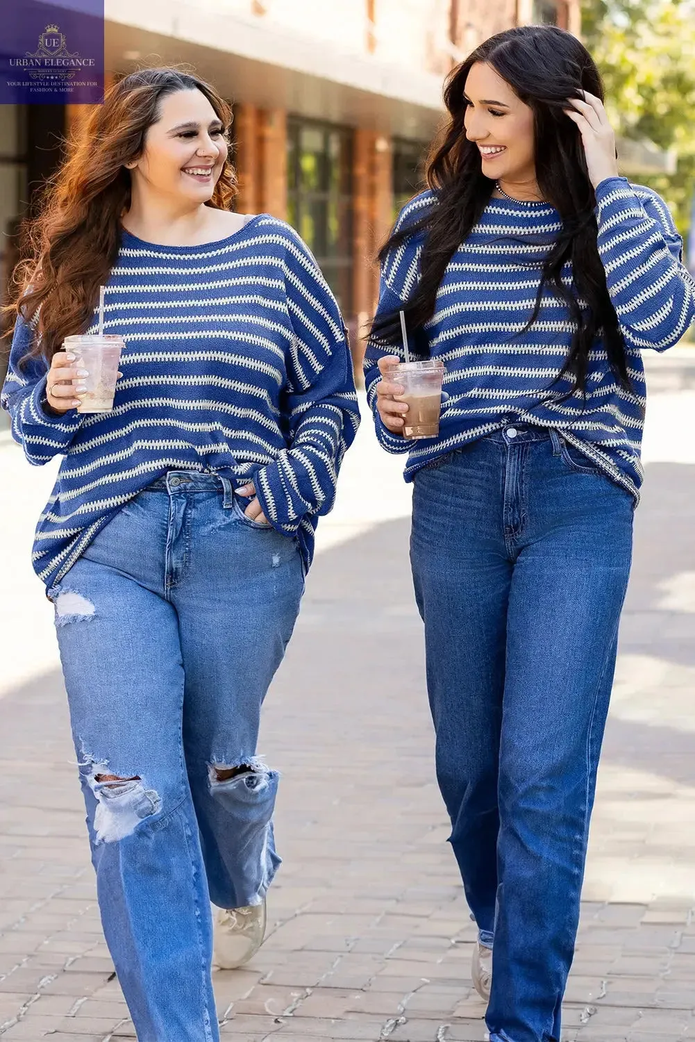 Green Stripe Drop Shoulder Casual Sweater