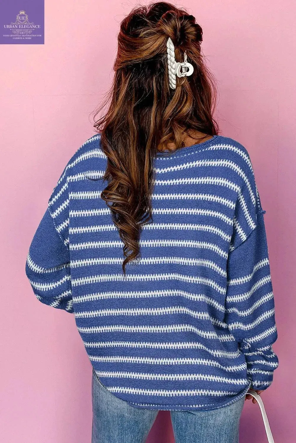 Green Stripe Drop Shoulder Casual Sweater