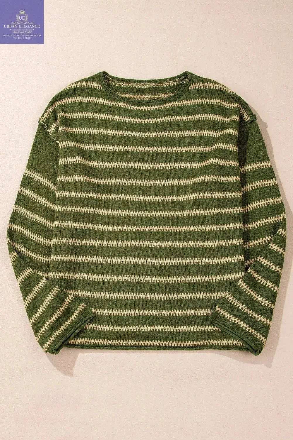 Green Stripe Drop Shoulder Casual Sweater