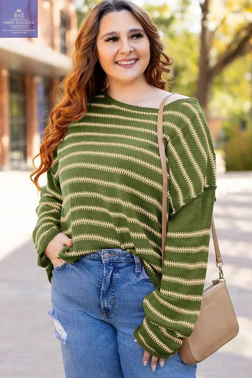 Green Stripe Drop Shoulder Casual Sweater