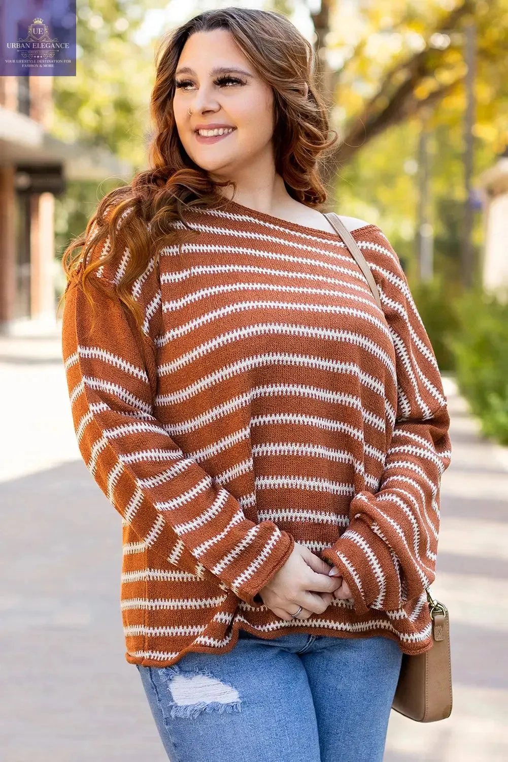 Green Stripe Drop Shoulder Casual Sweater