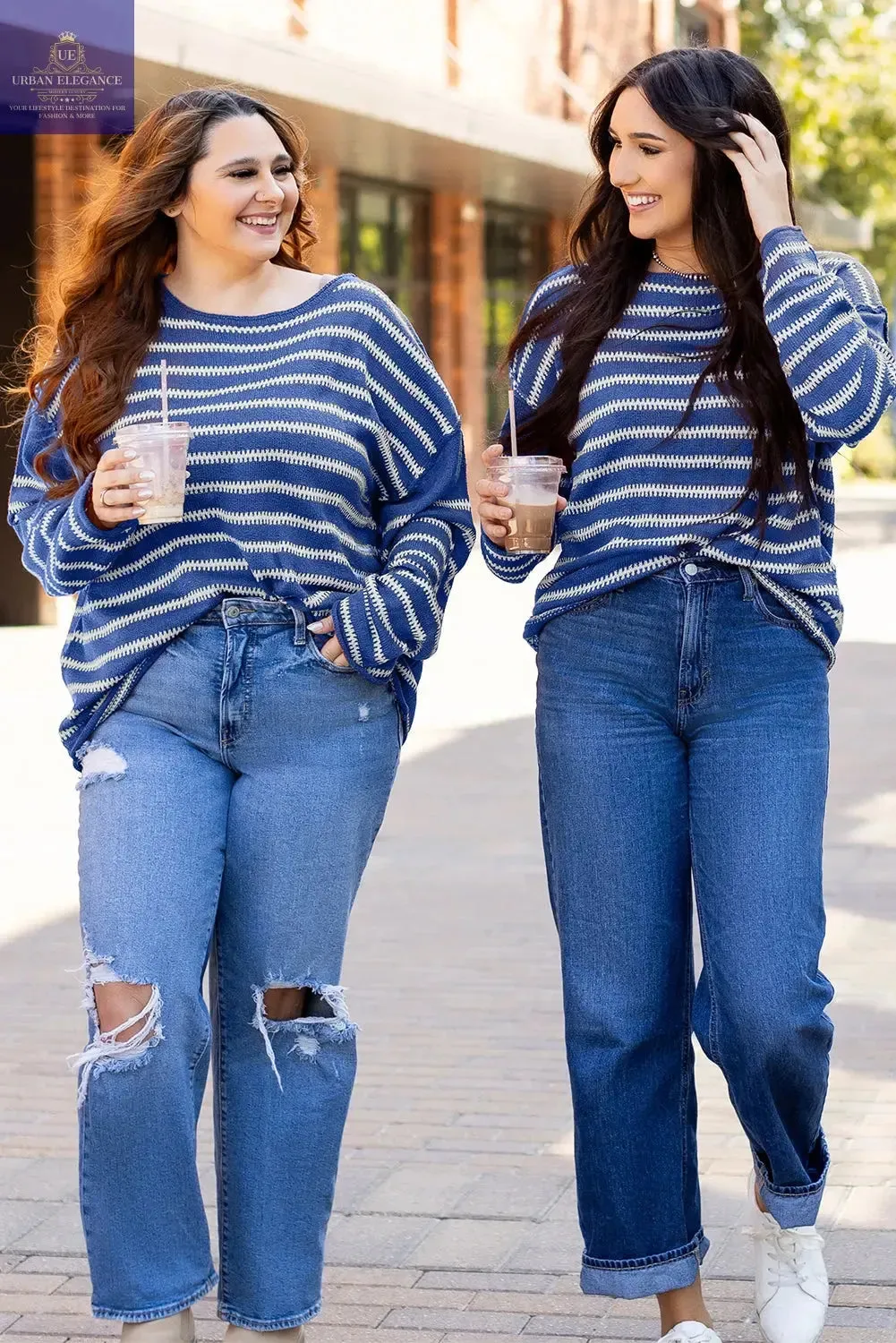 Green Stripe Drop Shoulder Casual Sweater