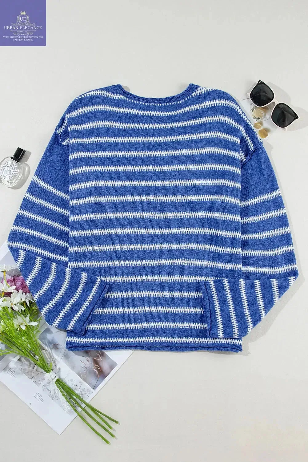 Green Stripe Drop Shoulder Casual Sweater
