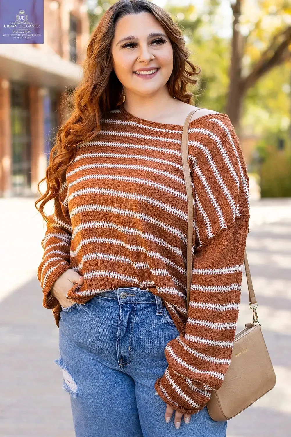 Green Stripe Drop Shoulder Casual Sweater