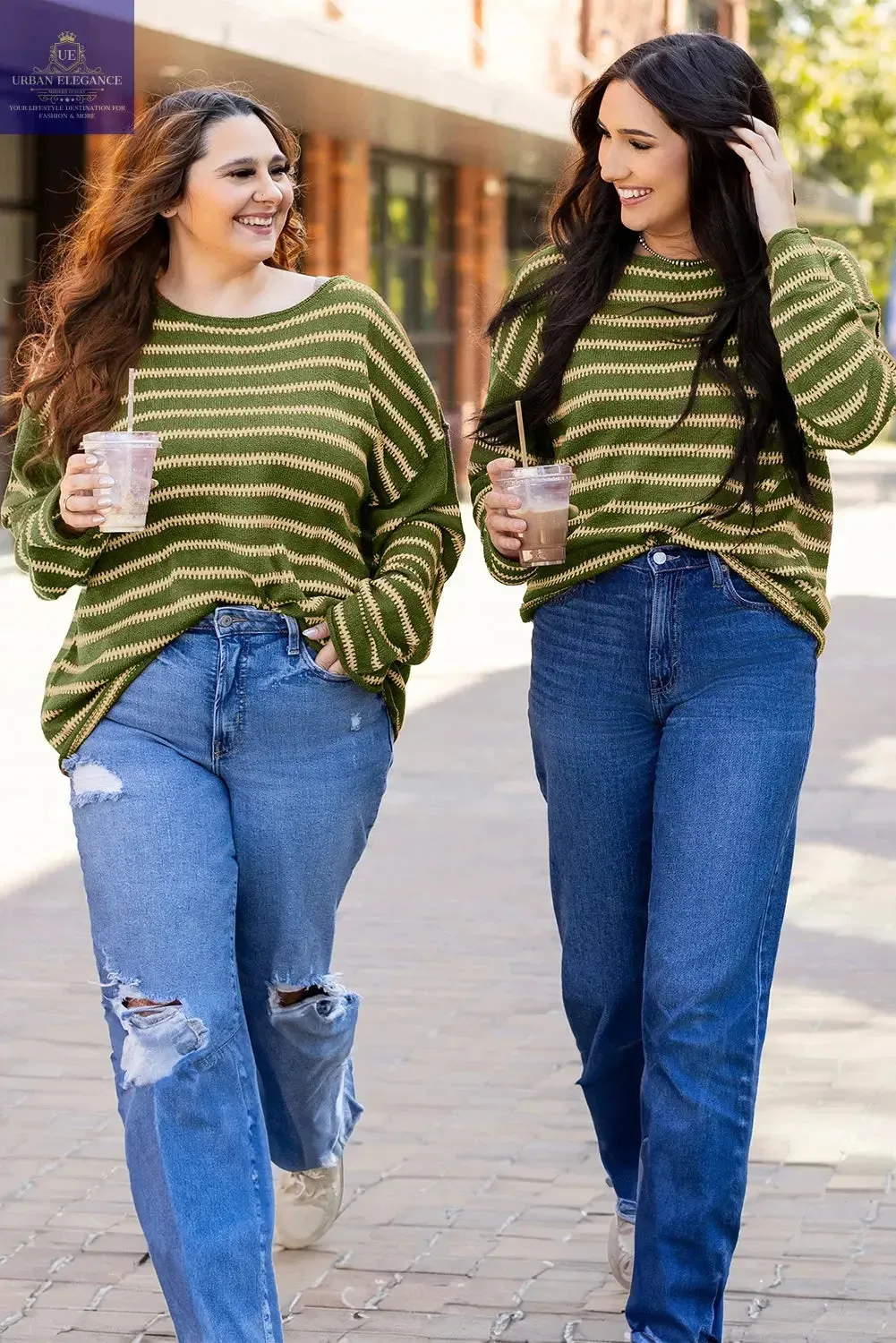 Green Stripe Drop Shoulder Casual Sweater