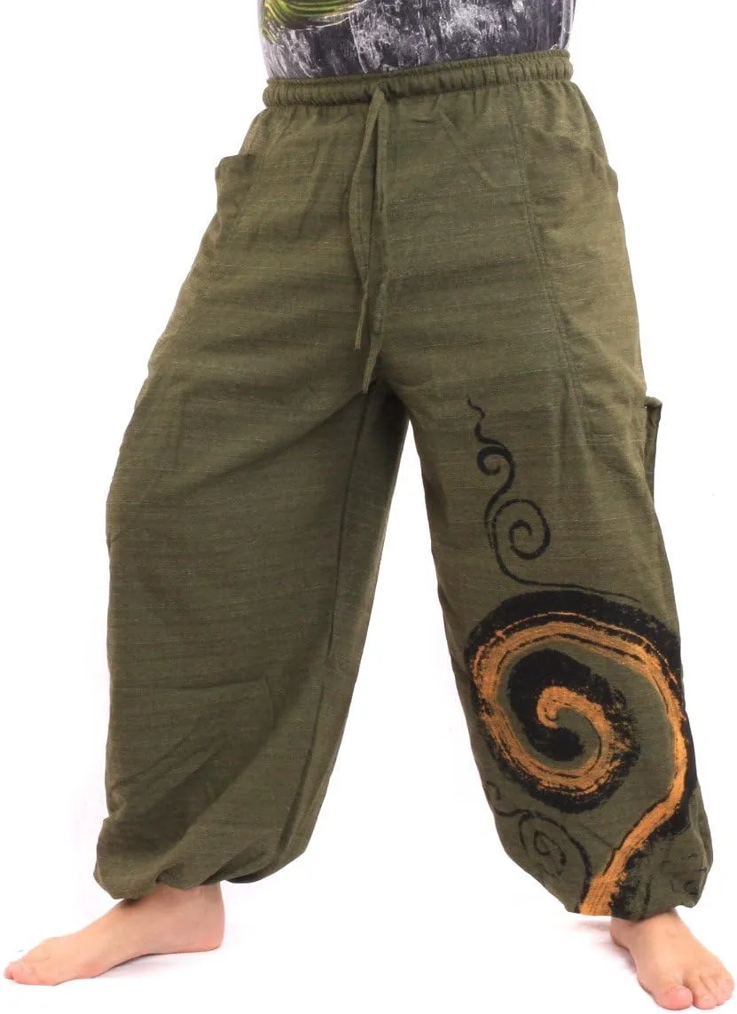 Harem Pants for Men & Women, Cotton Baggy Trousers, Adjustable Length, Drawstring Waist, 2 Pockets, One Size