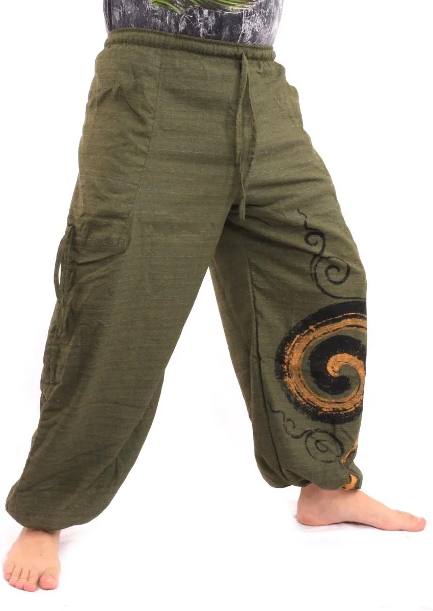 Harem Pants for Men & Women, Cotton Baggy Trousers, Adjustable Length, Drawstring Waist, 2 Pockets, One Size