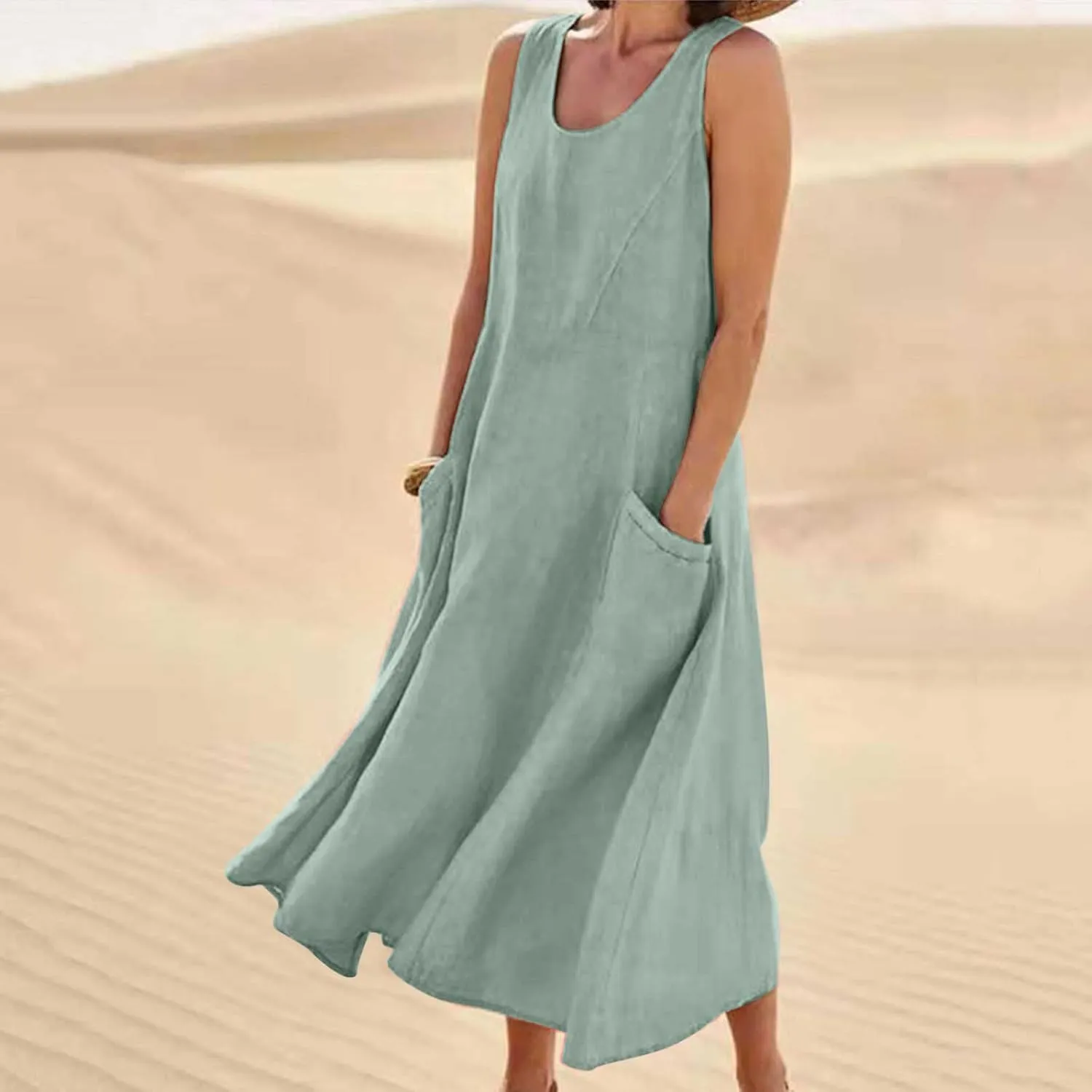 Hawaiian Dresses for Women Summer Casual Short Sleeve Cotton Linen Sundresses Oversized Flowy Dress with Pockets