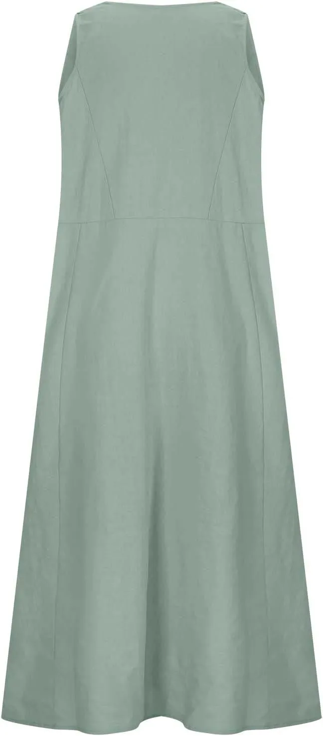 Hawaiian Dresses for Women Summer Casual Short Sleeve Cotton Linen Sundresses Oversized Flowy Dress with Pockets