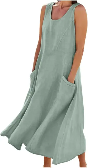 Hawaiian Dresses for Women Summer Casual Short Sleeve Cotton Linen Sundresses Oversized Flowy Dress with Pockets