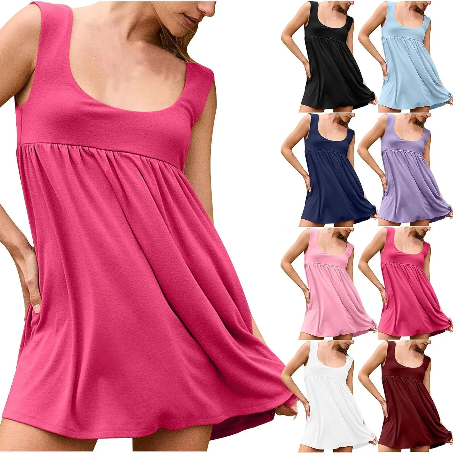 HGps8w Womens Cute Flowy Mini Babydoll Dress Sleeveless Casual Summer Swing Short Beach Sundress