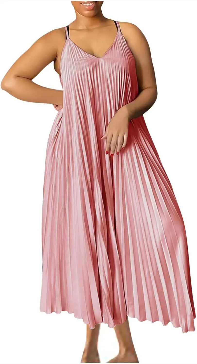 HGps8w Womens Spaghetti Strap Satin Pleated Maxi Dress Elegant Loose V Neck Sleeveless Long Cocktail Party Camisole Dresses