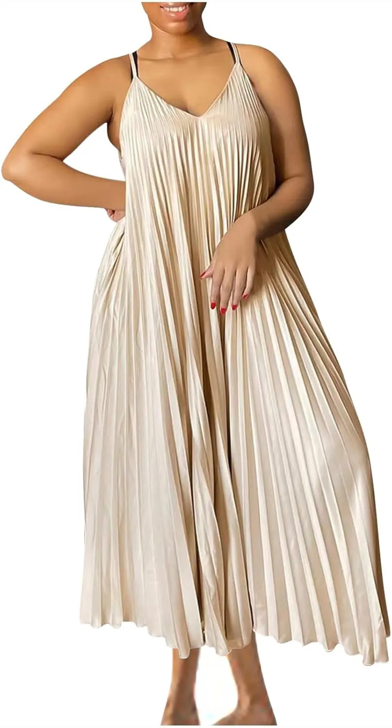 HGps8w Womens Spaghetti Strap Satin Pleated Maxi Dress Elegant Loose V Neck Sleeveless Long Cocktail Party Camisole Dresses