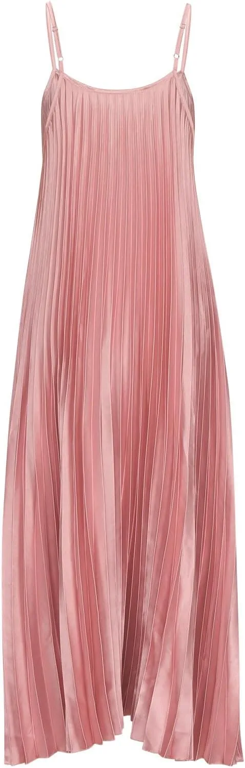 HGps8w Womens Spaghetti Strap Satin Pleated Maxi Dress Elegant Loose V Neck Sleeveless Long Cocktail Party Camisole Dresses