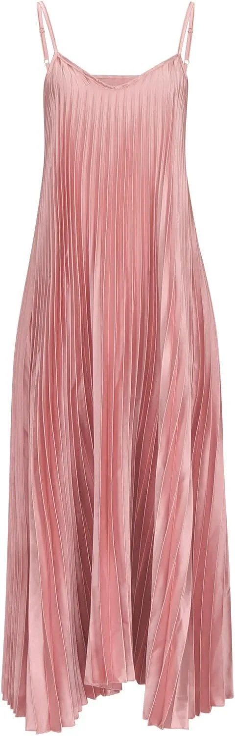 HGps8w Womens Spaghetti Strap Satin Pleated Maxi Dress Elegant Loose V Neck Sleeveless Long Cocktail Party Camisole Dresses
