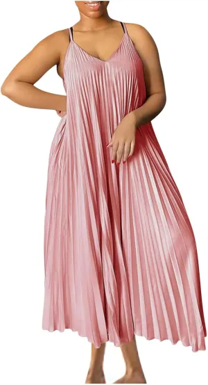 HGps8w Womens Spaghetti Strap Satin Pleated Maxi Dress Elegant Loose V Neck Sleeveless Long Cocktail Party Camisole Dresses