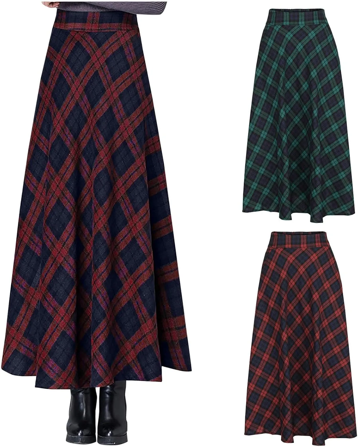 HGps8w Women's Vintage Plaid Wool Skirts, Elegant Elastic High Waist A-Line Pleated Tartan Midi Long Skirts