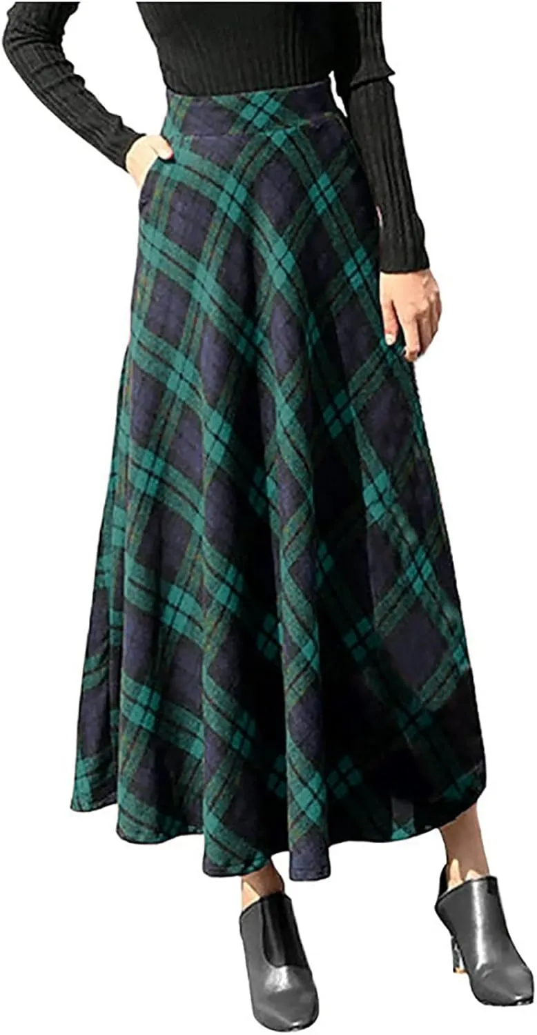 HGps8w Women's Vintage Plaid Wool Skirts, Elegant Elastic High Waist A-Line Pleated Tartan Midi Long Skirts