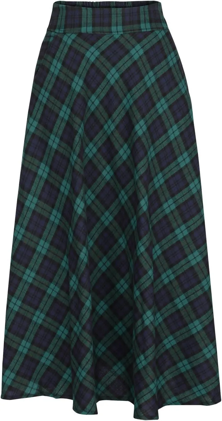 HGps8w Women's Vintage Plaid Wool Skirts, Elegant Elastic High Waist A-Line Pleated Tartan Midi Long Skirts