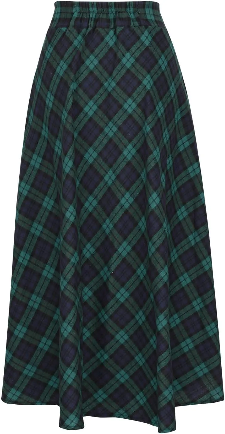 HGps8w Women's Vintage Plaid Wool Skirts, Elegant Elastic High Waist A-Line Pleated Tartan Midi Long Skirts