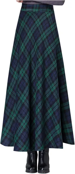 HGps8w Women's Vintage Plaid Wool Skirts, Elegant Elastic High Waist A-Line Pleated Tartan Midi Long Skirts