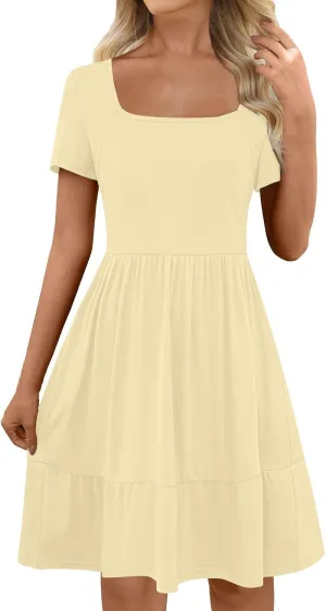 hlysgo Dresses for Women 2025 Summer Ruffled Hem Short Sleeve Square Neck Mini Dress A-Line Flowy Beach Dress with Pockets