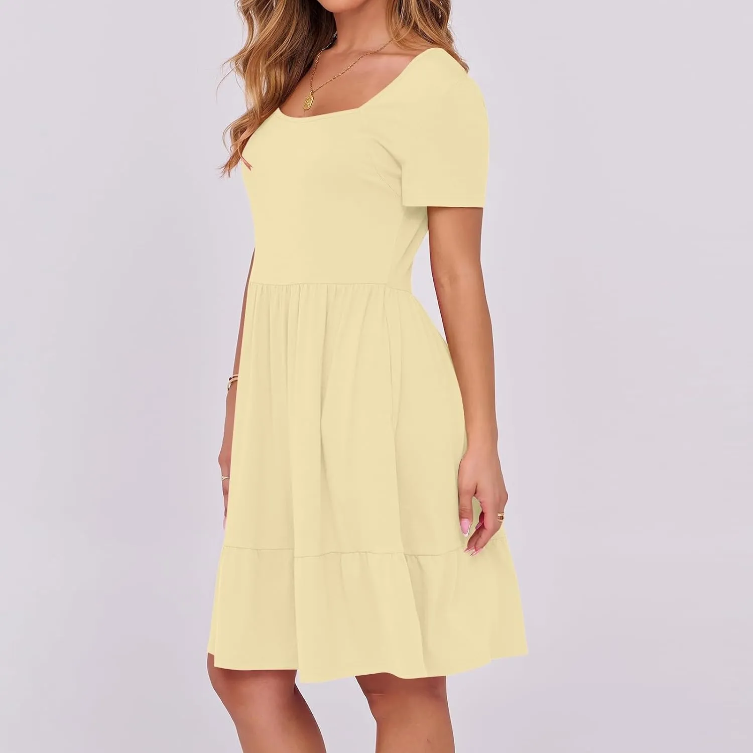 hlysgo Dresses for Women 2025 Summer Ruffled Hem Short Sleeve Square Neck Mini Dress A-Line Flowy Beach Dress with Pockets