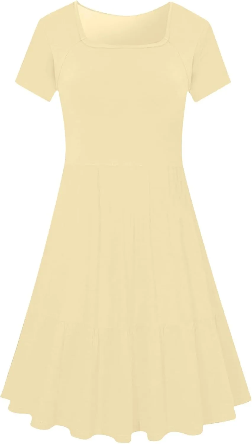 hlysgo Dresses for Women 2025 Summer Ruffled Hem Short Sleeve Square Neck Mini Dress A-Line Flowy Beach Dress with Pockets
