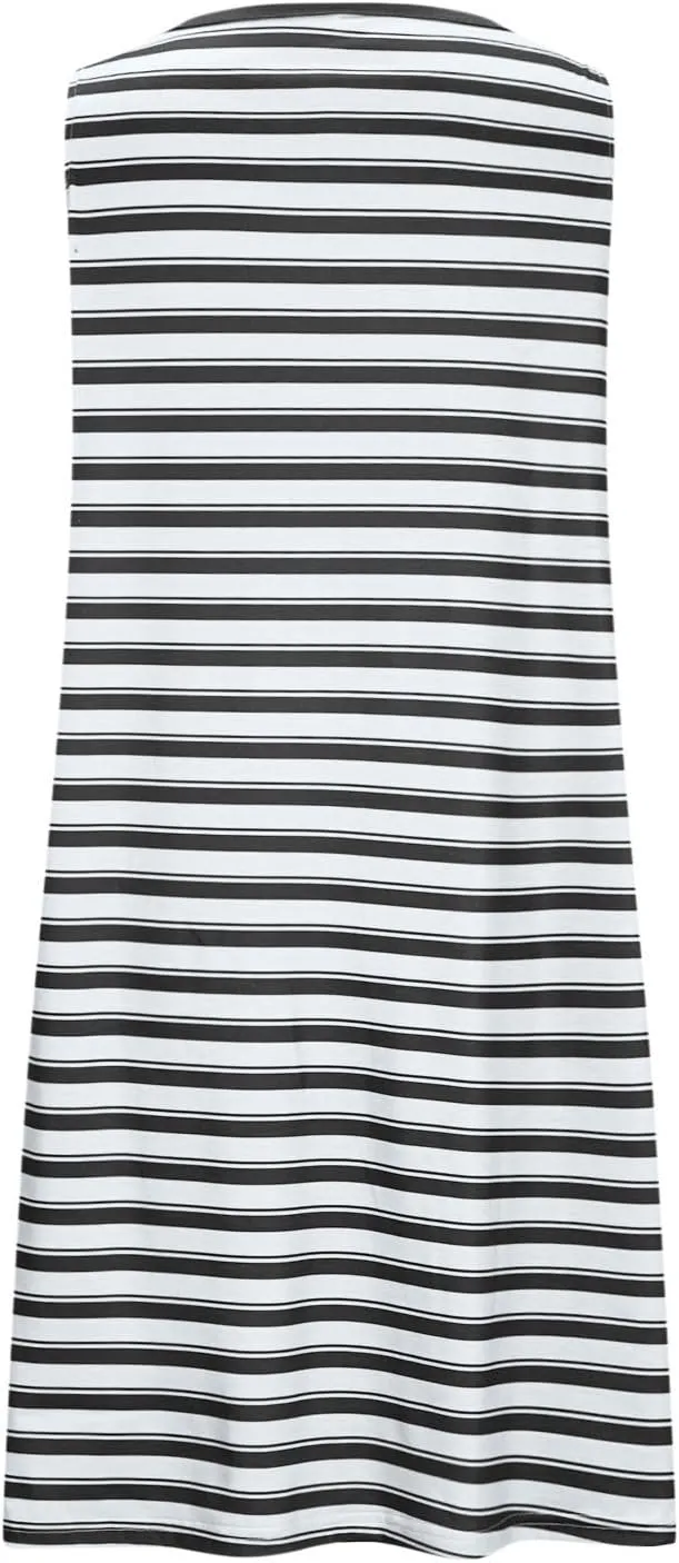 hlysgo Mini Dresses for Women 2025 Summer Sleeveless Crew Neck Beach Sundress Knee Length Stripes Coverup Dress with Pockets