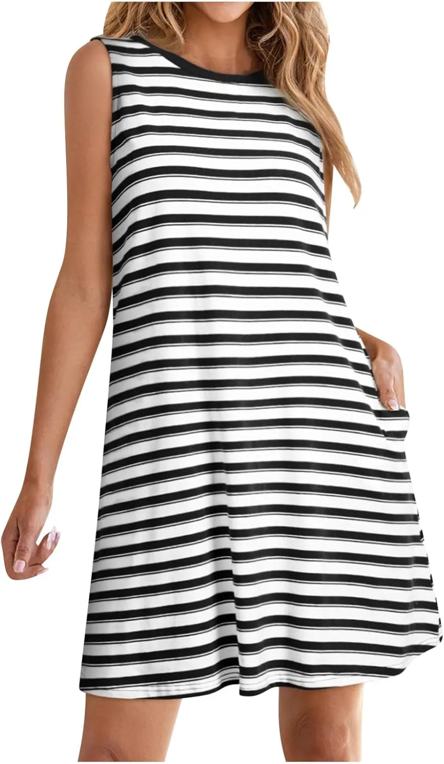 hlysgo Mini Dresses for Women 2025 Summer Sleeveless Crew Neck Beach Sundress Knee Length Stripes Coverup Dress with Pockets