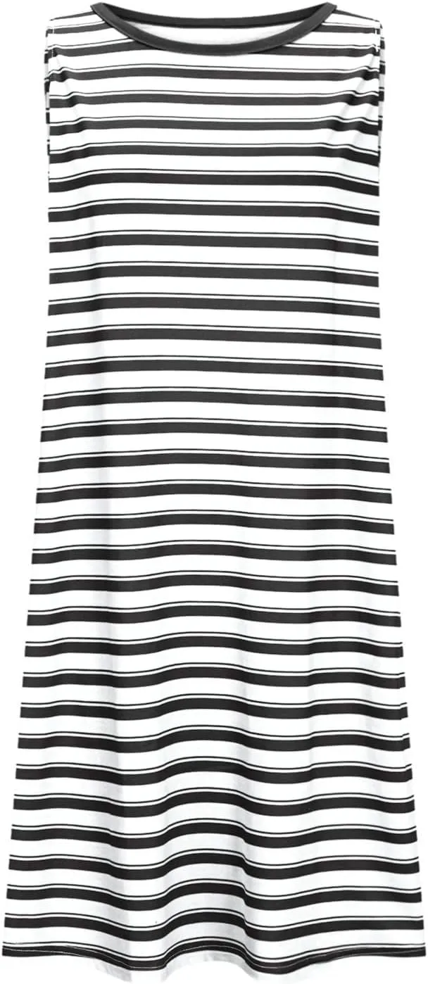 hlysgo Mini Dresses for Women 2025 Summer Sleeveless Crew Neck Beach Sundress Knee Length Stripes Coverup Dress with Pockets