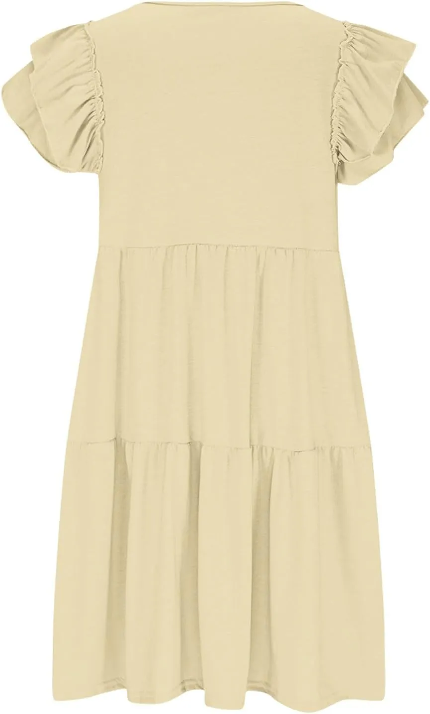 hlysgo Womens Babydoll Dresses 2025 Summer Ruffled Sleeve V Neck Mini Dress Casual Loose Fit Knee Length Tiered Beach Dress