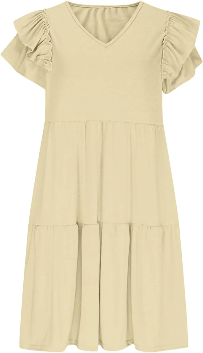 hlysgo Womens Babydoll Dresses 2025 Summer Ruffled Sleeve V Neck Mini Dress Casual Loose Fit Knee Length Tiered Beach Dress
