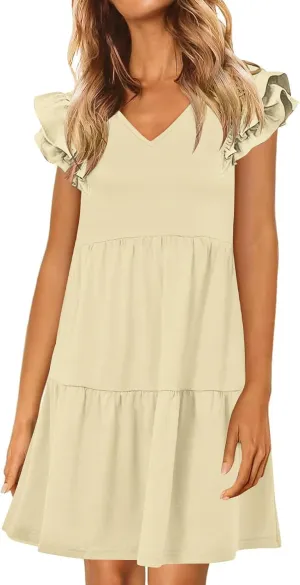 hlysgo Womens Babydoll Dresses 2025 Summer Ruffled Sleeve V Neck Mini Dress Casual Loose Fit Knee Length Tiered Beach Dress