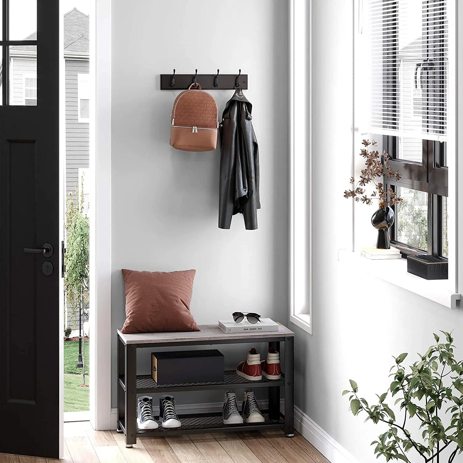 Hook Rack, Wall-Mounted Coat Rack, Hook Rail, with 4 Metal Hooks, for Entryway