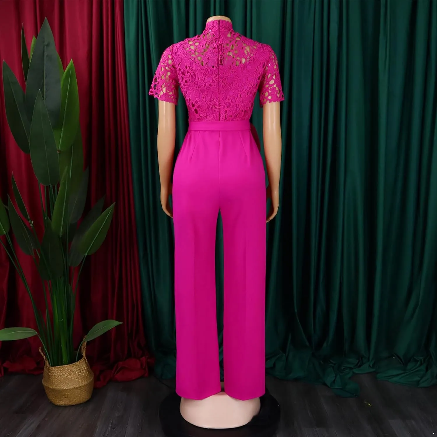Hularka Women's Sexy Jumpsuits Elegant Short Sleeves Lace Hollow Straight Long Pants Clubwear Rompers with Belt