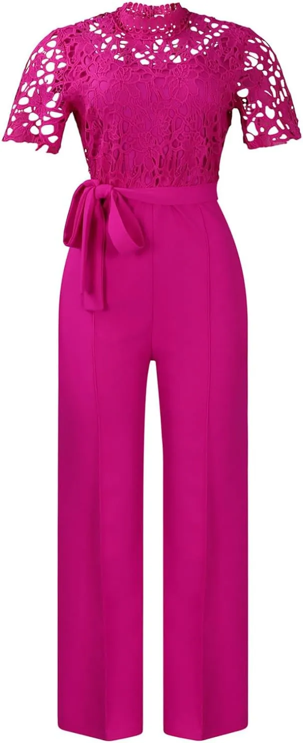 Hularka Women's Sexy Jumpsuits Elegant Short Sleeves Lace Hollow Straight Long Pants Clubwear Rompers with Belt