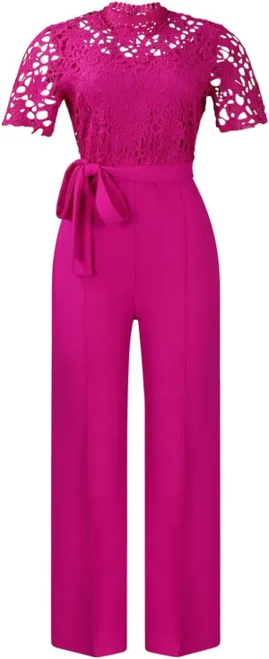 Hularka Women's Sexy Jumpsuits Elegant Short Sleeves Lace Hollow Straight Long Pants Clubwear Rompers with Belt