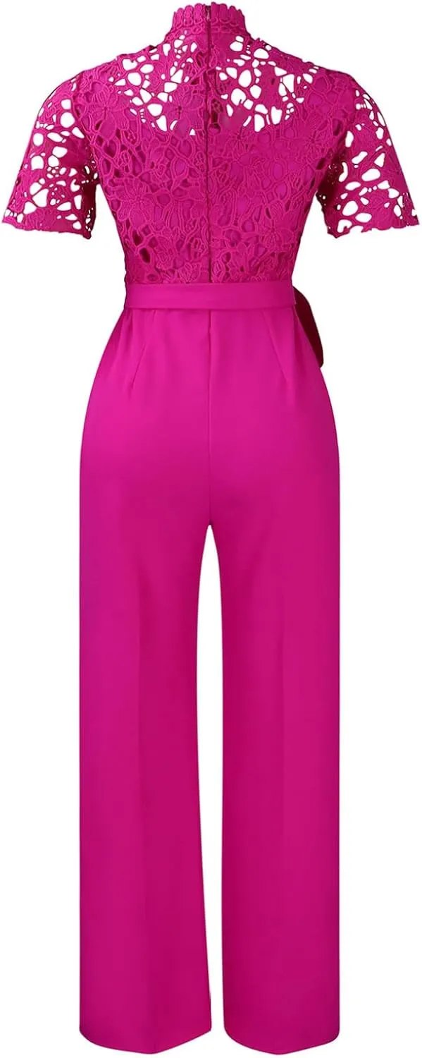 Hularka Women's Sexy Jumpsuits Elegant Short Sleeves Lace Hollow Straight Long Pants Clubwear Rompers with Belt