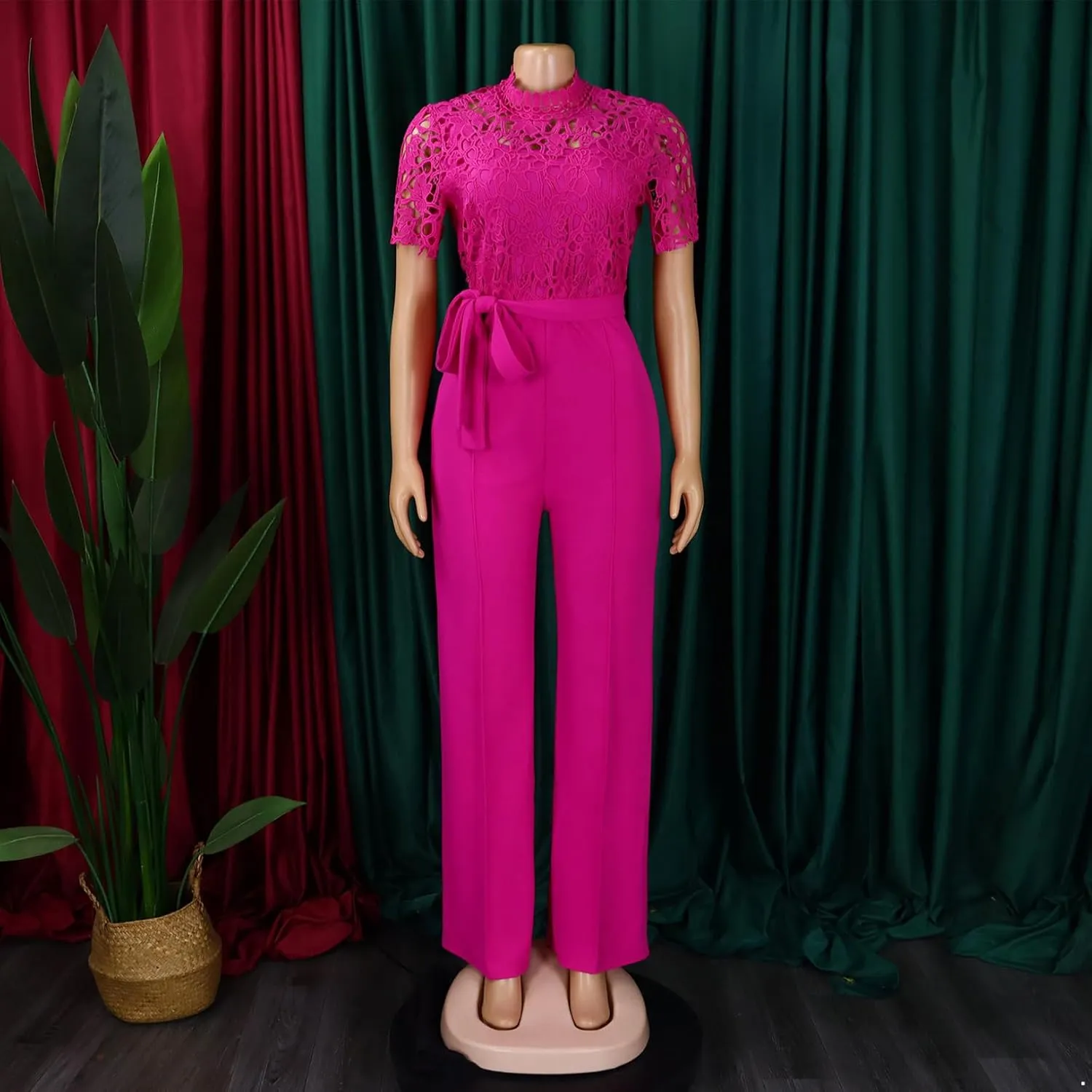 Hularka Women's Sexy Jumpsuits Elegant Short Sleeves Lace Hollow Straight Long Pants Clubwear Rompers with Belt