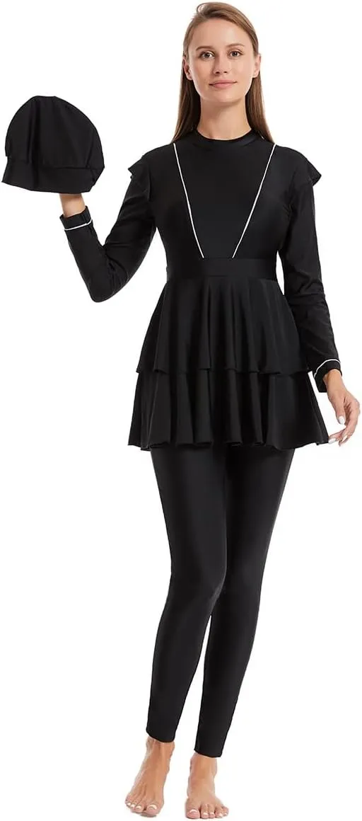 IBAKOM Muslim Swimsuit for Women Burkini Long Pleated Skirt with Swim Cap Modest Bathing Suit Islamic Surfing Rash Guard Set