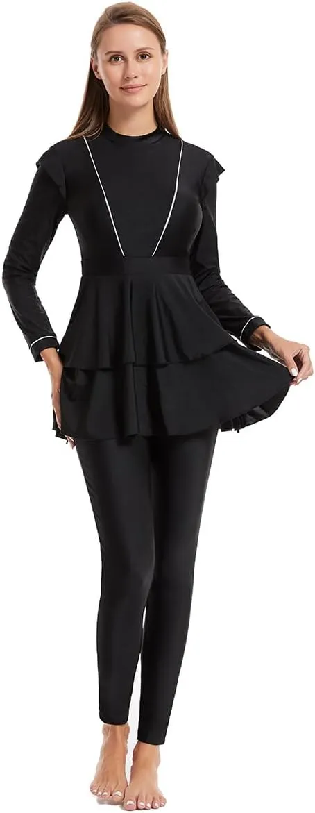IBAKOM Muslim Swimsuit for Women Burkini Long Pleated Skirt with Swim Cap Modest Bathing Suit Islamic Surfing Rash Guard Set