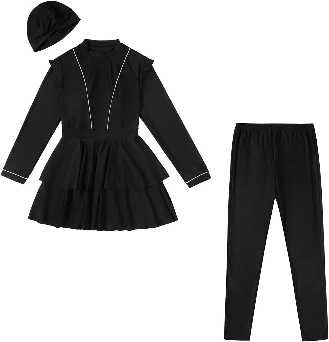 IBAKOM Muslim Swimsuit for Women Burkini Long Pleated Skirt with Swim Cap Modest Bathing Suit Islamic Surfing Rash Guard Set