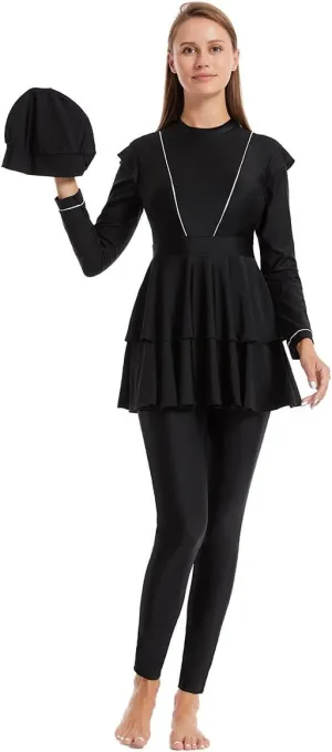 IBAKOM Muslim Swimsuit for Women Burkini Long Pleated Skirt with Swim Cap Modest Bathing Suit Islamic Surfing Rash Guard Set