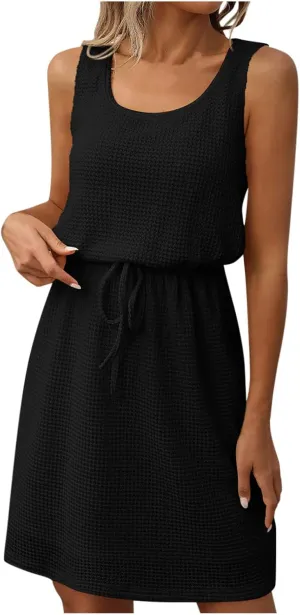 JOAU Women Summer Sleeveless Tank Dress Scoop Neck Elastic Drawstring Waist Knee Length Dresses A-Line Casual Beach Sundress